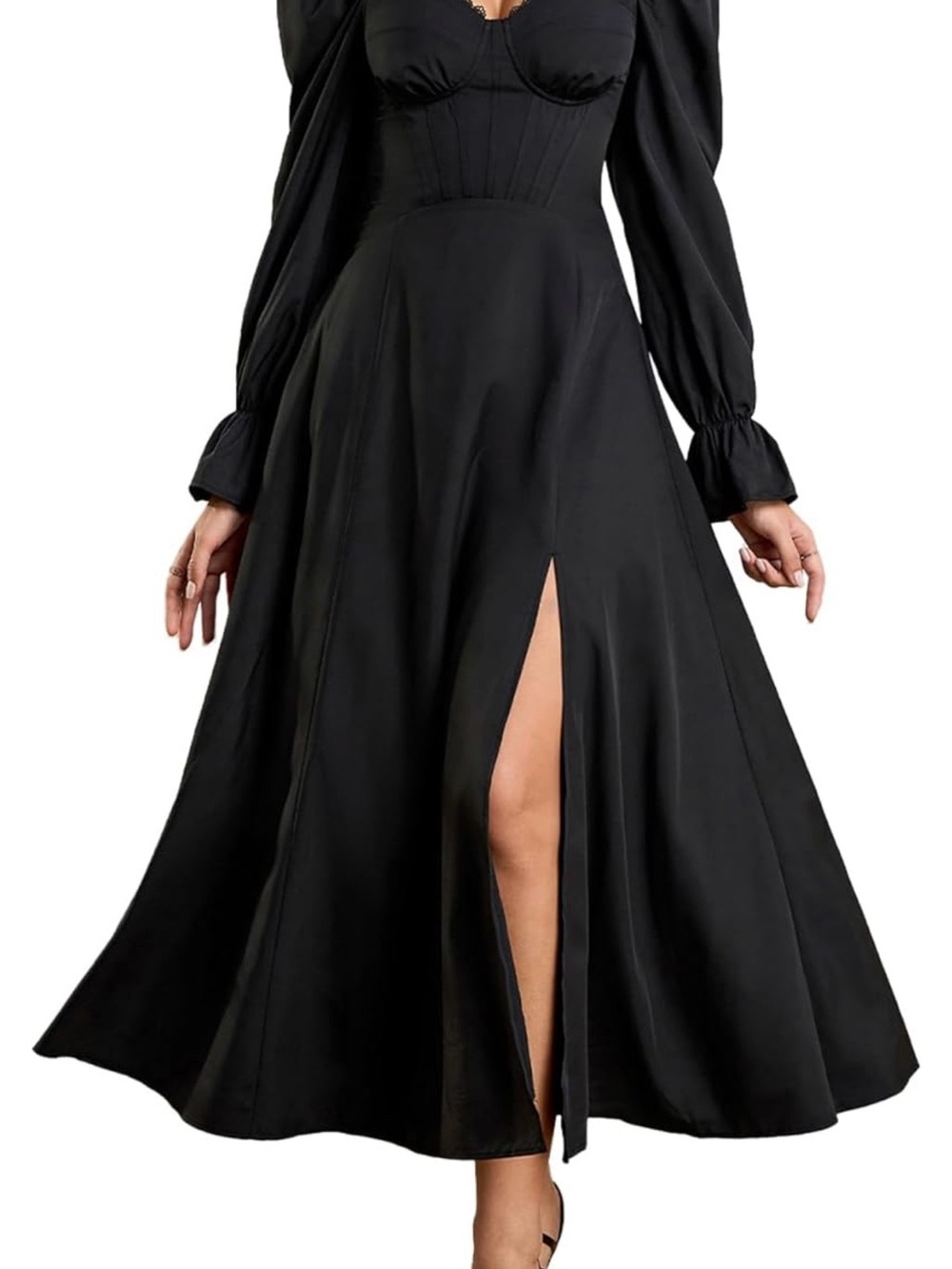 Black Long Sleeve Midi Dress w/Front Slit, sweetheart neckline & flounce sleeve